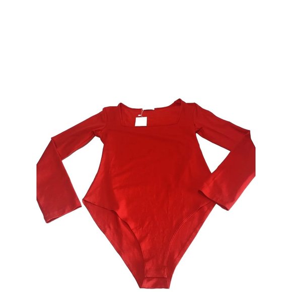 Brand New Women’s Long Sleeve Solid Red Square Neck Bodysuit, Size Medium - Picture 2 of 9